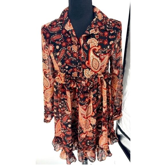 Vintage-Inspired Paisley Print Ruffle Hem Dress Boho‎ Chic Long Sleeve - Picture 1 of 4